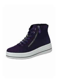 Lila Wildleder High-Top-Schuhe mit weißer Plateau-Sohle, ausgestattet mit Schnüren und einem seitlichen Reißverschluss. Silberne Hardware-Details entlang des Reißverschlusses.