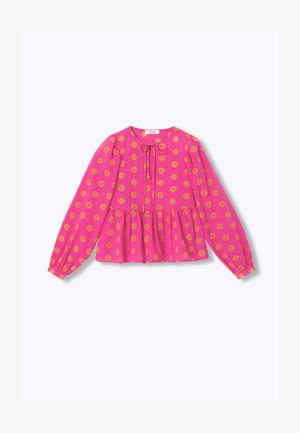Blouse rose à manches longues avec motif floral jaune, col rond avec lien et ourlet péplum froncé.