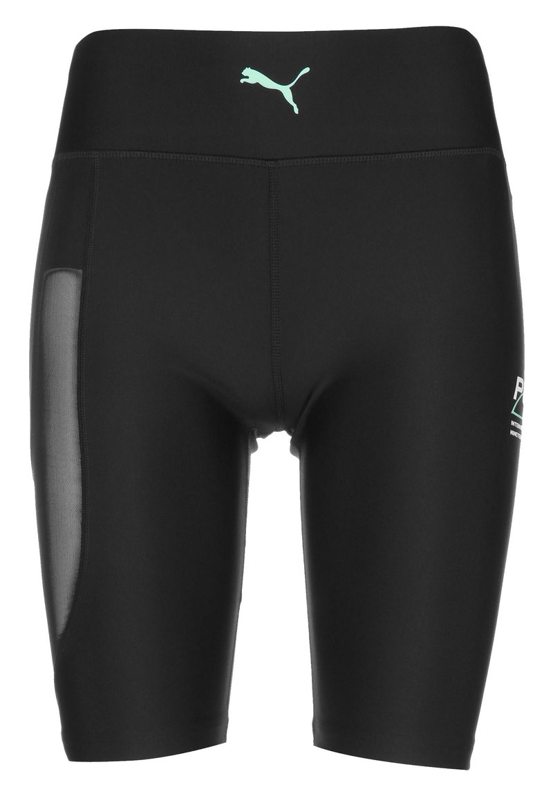 Shorts de sport noirs avec un panneau latéral en mesh, une taille élastique et un logo Puma vert à l'avant. Tissu lisse et extensible.