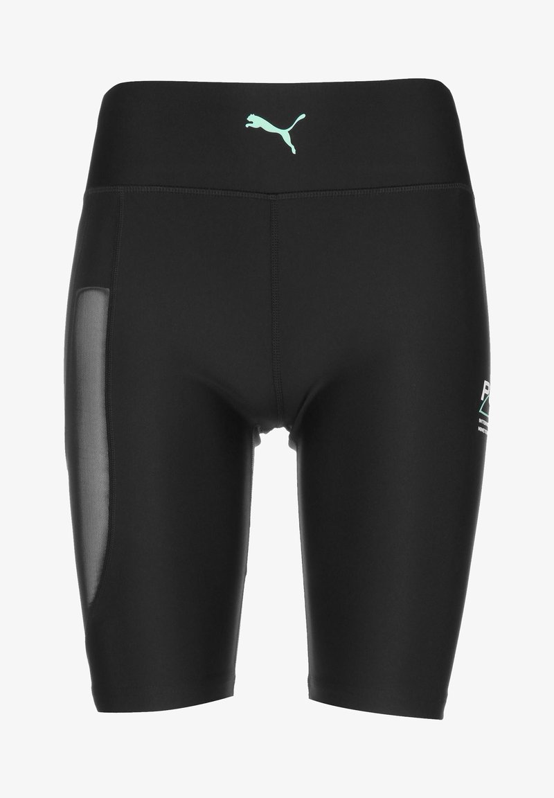 Shorts de sport noirs avec un panneau latéral en mesh, une taille élastique et un logo Puma vert à l'avant. Tissu lisse et extensible.