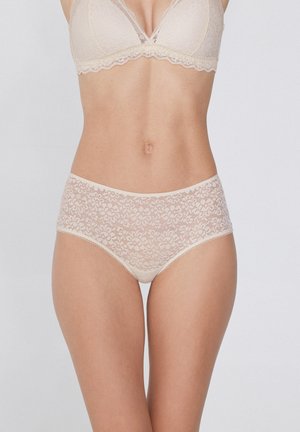 Spitzen-BH und Unterhosen-Set in hellbeige. Der BH hat ein V-Ausschnitt-Design und ein florales Spitzenmuster, während die Unterhosen mit einer passenden Spitzenauflage versehen sind.