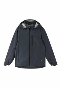 Granatowa wodoodporna kurtka z kapturem, z przodu na zamek, z kieszenią na piersi, elastycznymi mankietami i gładkim wykończeniem wnętrza. Charakteryzuje się minimalistycznym designem i fakturą.