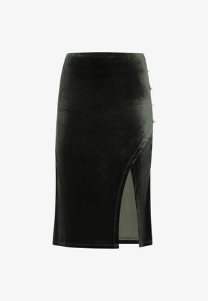 Velvet pencil skirt in dark green with a side slit. Features silver-tone buttons on the left side and a smooth texture.