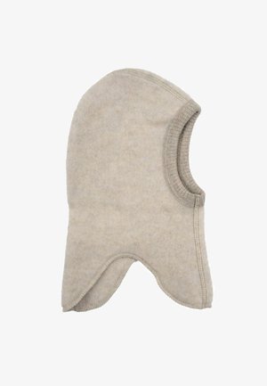 Beige villane balaklava med mjuk textur, rund ansiktsöppning och böjd fåll. Förstärkta kanter i en ljusare beige nyans.