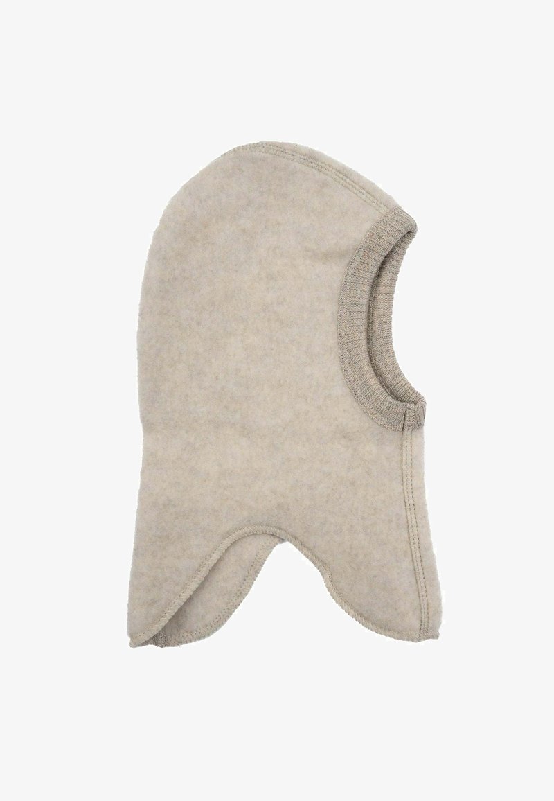 Beige Woll-Balaclava mit weicher Textur, runder Gesichtsöffnung und geschwungenem Saum. Verstärkte Kanten in einem helleren Beigeton.