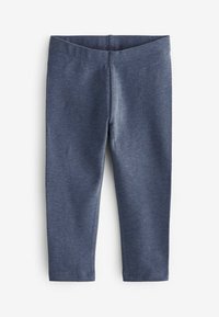 Marineblaue Stretch-Leggings mit glatter Textur, ausgestattet mit einem elastischen Bund und verkürzter Länge. Keine sichtbaren Muster oder Verzierungen.