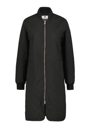 Svart vadderad lång jacka med dragkedjestängning, ribbade muddar och ståkrage. Har en slät yta och minimalistisk design.