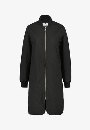 Manteau long noir matelassé avec fermeture éclair, poignets côtelés et col montant. Présente une texture lisse et un design minimaliste.