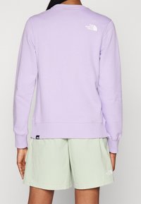 Felpa lilla realizzata in morbido tessuto, con maniche lunghe e collo rotondo. Presenta un piccolo logo bianco sulla parte alta della schiena. Indossata con pantaloni corti verde chiaro.