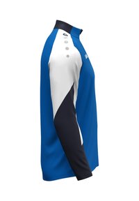Maglia sportiva a maniche lunghe in blu, bianco e nero. Presenta un colletto alto, una vestibilità slim e dettagli con bottoni sulla spalla. Texture liscia.