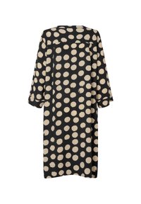 Schwarzes Kleid mit lockerem Schnitt, Dreiviertelärmeln und einem weißen Punkte-Muster. Glattes Material mit schlichter Gestaltung.