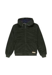 Dunkelgrüner Cord-Hoody mit Reißverschluss und gefütterter Kapuze, zwei vorderen Taschen und gerippten Bündchen. Verfügt über ein kleines Markenetikett an der unteren Seite.