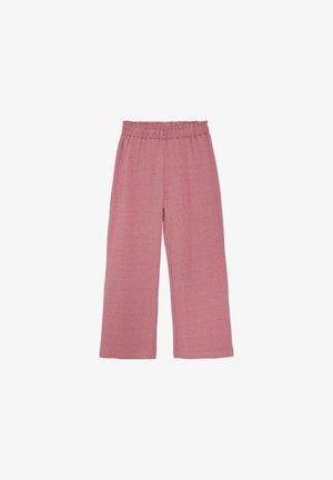 Szerokie spodnie w miękkim, teksturowanym różowym materiale. Posiadają elastyczny pas i luźny krój, idealne do codziennego noszenia.