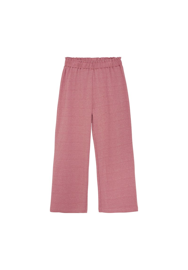 Weite Hosen aus einem weichen, strukturierten rosa Stoff. Mit einem elastischen Bund und lockerer Passform, ideal für die Freizeit.