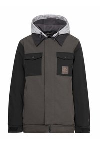 Giacca da uomo in grigio e nero, con cappuccio, due tasche frontali con pattina e una toppa con logo. Realizzata in un resistente tessuto misto.
