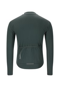 Long-sleeve cycling jersey in dark green fabric, featuring a rear pocket, zippered closure, and reflective details on the back.