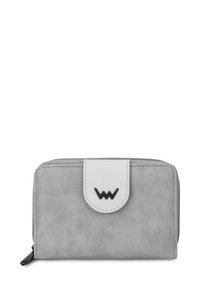 Gray faux leather wallet with a white flap closure featuring a black logo. Zippered compartment on the side, smooth texture, and rectangular shape.