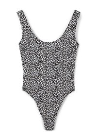 Costume intero bianco con stampa leopardata nera e marrone, presenta spalline larghe e un design con gamba alta.