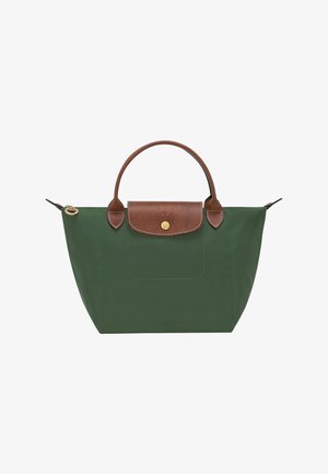 Green nylon tote bag with a brown leather trim, featuring a top handle, button closure, and a front pocket with a gold hardware accent.