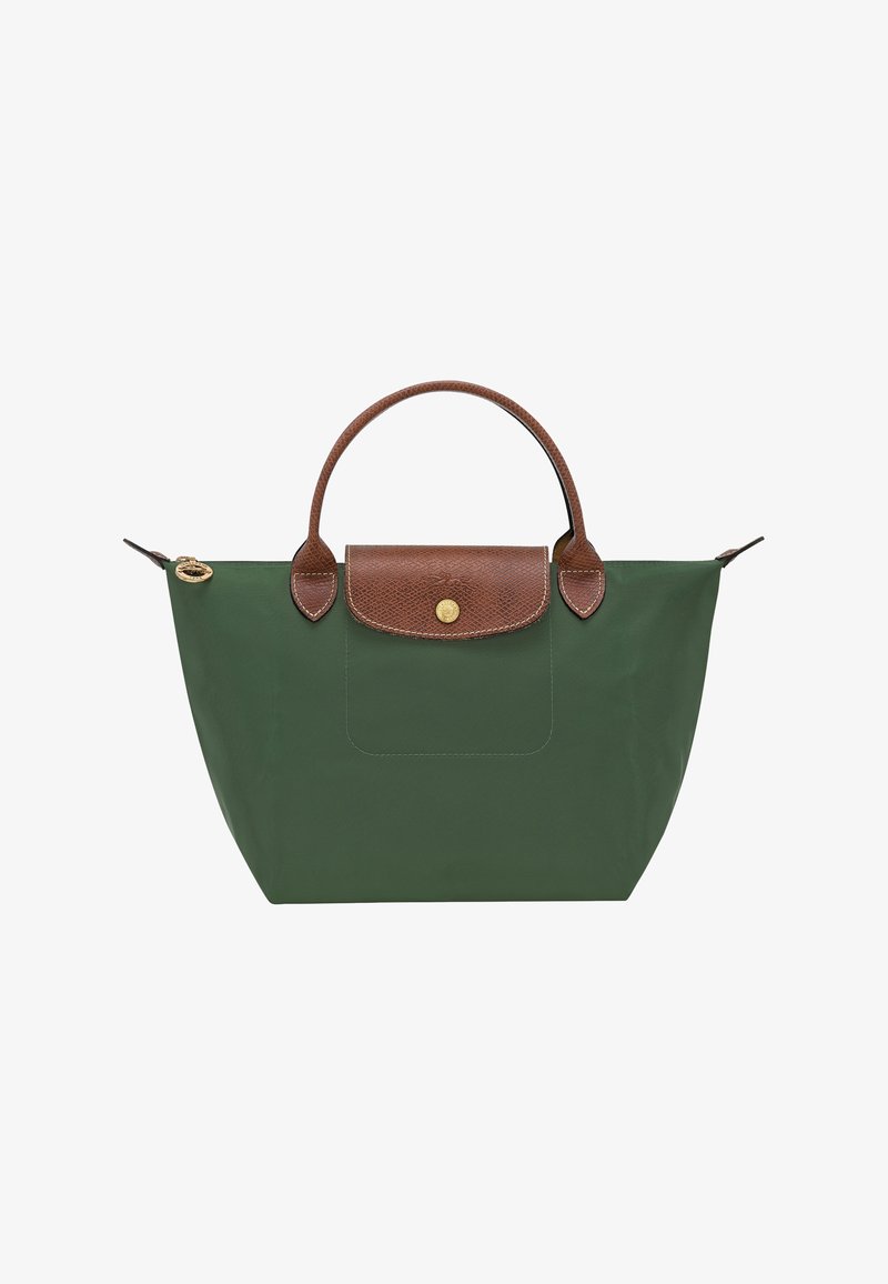 Green nylon tote bag with a brown leather trim, featuring a top handle, button closure, and a front pocket with a gold hardware accent.