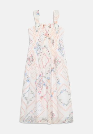 Weißes ärmelloses Kleid mit quadratischem Ausschnitt, floralen und geometrischen Pastellmustern sowie zwei Stoffträgern.