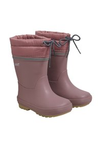 Bottes hautes imperméables de couleur rose pâle. Matériau en caoutchouc texturé avec un cordon de serrage en haut et des bandes grises. Semelle nervurée pour une meilleure adhérence.