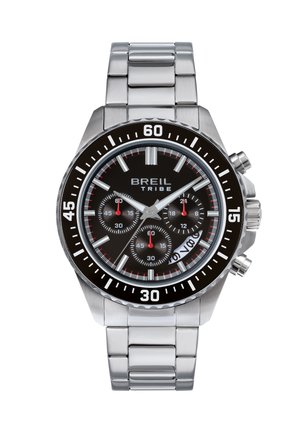 Breil Tribe Chronograph-Uhr aus Edelstahl mit schwarzem Ziffernblatt, drei subdials, Datumsfenster sowie leuchtenden Zeigern und Indizes.