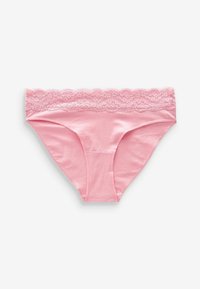 Roze katoenen slipjes met een geschulpte kantrand. Gladde textuur, mid-rise snit en naadloze randen voor comfort en flexibiliteit.