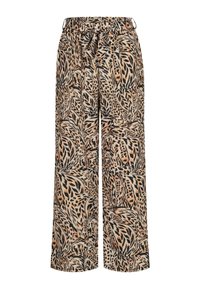 Pantalons larges en tissu léger, ornés d'un motif animal en noir et beige. Taille élastique avec détail à nouer.