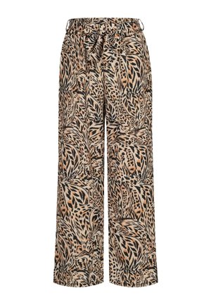 Wide-leg trousers made of lightweight fabric, featuring a black and beige animal print pattern. Elastic waistband with tie detail.