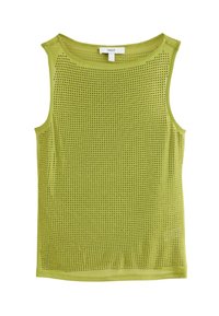 Top sans manches vert en tissu texturé avec de petits trous régulièrement espacés. Présente un col rond et un ourlet droit. Étiquette de marque visible.