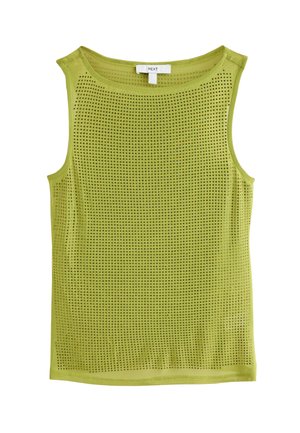 Groene mouwloze top gemaakt van een gestructureerde stof met kleine, gelijkmatig verdeelde gaten. Heeft een ronde halslijn en een rechte zoom. Merktag zichtbaar.