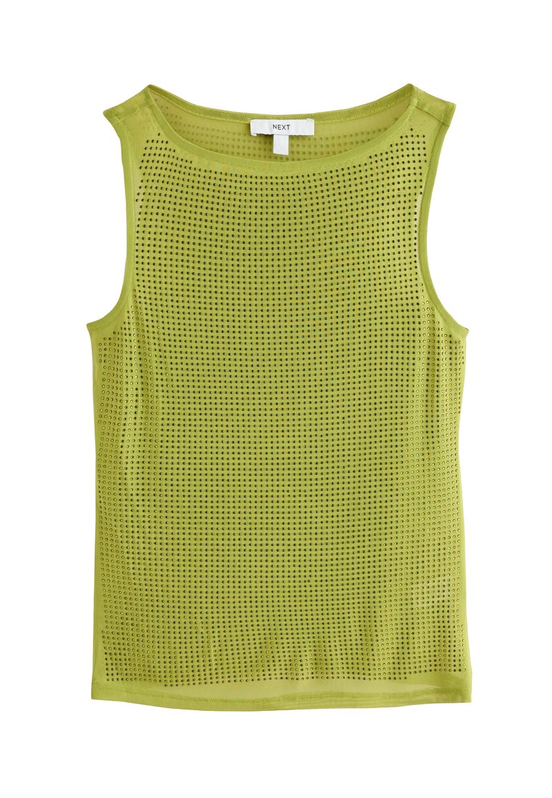 Green sleeveless top made of textured fabric with small, evenly spaced holes. Features a round neckline and straight hem. Brand tag visible.