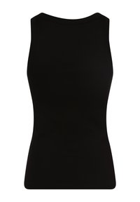 Zwarte mouwloze top met een ronde halslijn, gemaakt van rekbare stof. Glad oppervlak en aansluitend ontwerp, zonder extra details of patronen.