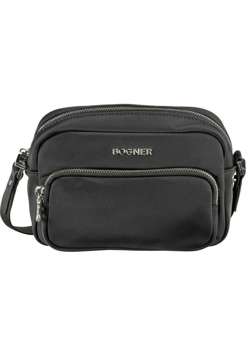 Borsa a tracolla nera in nylon con due scomparti con zip, hardware in argento e una tracolla regolabile. Nome del marchio visibile sulla parte anteriore.