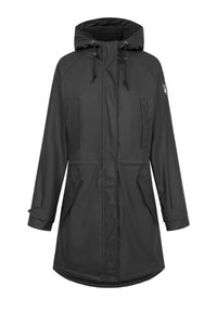 Parka nera imbottita con cappuccio, dotata di rivestimento in pile, due tasche frontali, cordini regolabili e polsini con bottone a pressione.