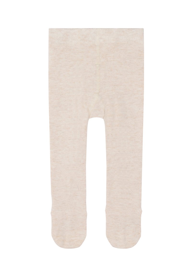 Calze color beige chiaro realizzate in un tessuto morbido e elasticizzato con una texture liscia. Presentano un design con piedi e una costruzione senza cuciture per il massimo comfort.