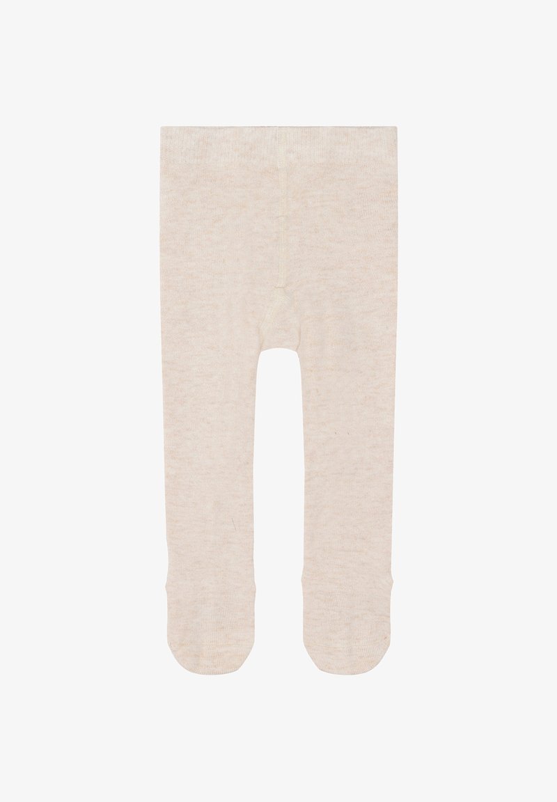 Calze color beige chiaro realizzate in un tessuto morbido e elasticizzato con una texture liscia. Presentano un design con piedi e una costruzione senza cuciture per il massimo comfort.