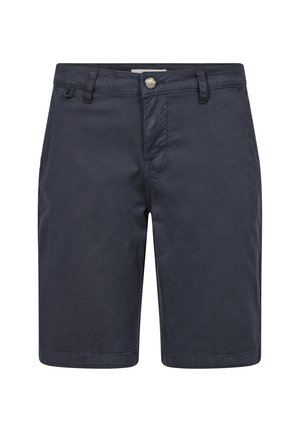 Navy blue cotton shorts featuring a button closure, belt loops, and flat front design with no visible patterns or embellishments.
