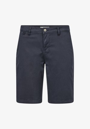 Navy blue cotton shorts featuring a button closure, belt loops, and flat front design with no visible patterns or embellishments.