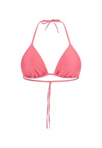 Pink triangle bikini top with thin ties, textured fabric, and gathered detailing at the base. Adjustable for fit and comfort.