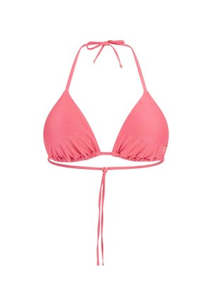 Pink triangle bikini top with thin ties, textured fabric, and gathered detailing at the base. Adjustable for fit and comfort.