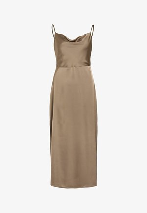 Kamélia színű midi ruha sima selyemből, vékony pántokkal, drapált dekoltázzsal, testhezálló felső résszel és enyhe oldalszívásokkal.