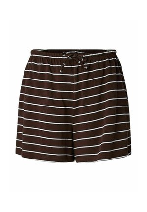 Brune shorts med hvite horisontale striper, elastisk midjebånd og snor foran.