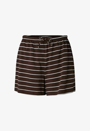 Brune shorts med hvite horisontale striper, elastisk midjebånd og snor foran.