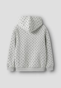 Gray hoodie with black polka dots, featuring a drawstring hood and ribbed cuffs. Soft texture and casual design.