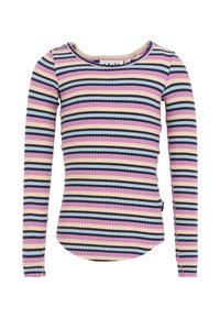 Lange mouw geribbelde top in pastelkleuren met strepen in roze, blauw en geel, met een ronde halslijn en een gebogen zoom.