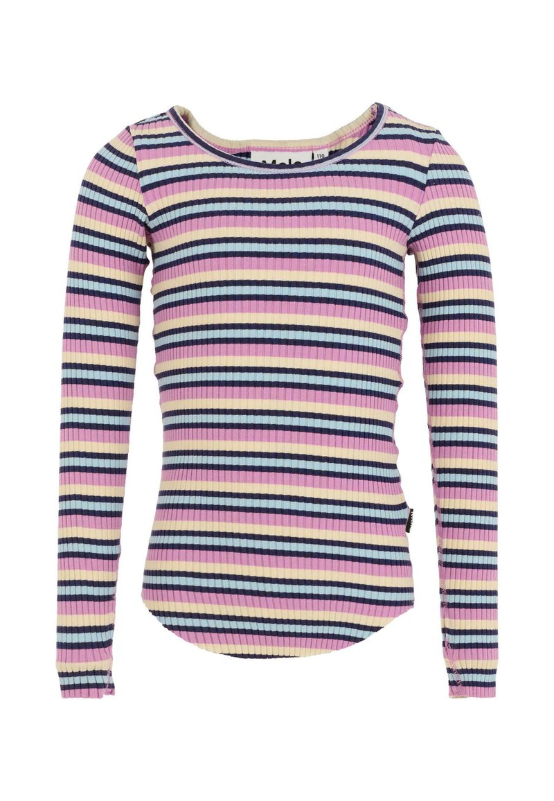Lange mouw geribbelde top in pastelkleuren met strepen in roze, blauw en geel, met een ronde halslijn en een gebogen zoom.