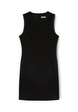 Černé pouzdrové šaty bez rukávů s kulatým výstřihem, přiléhavým střihem a neviditelným zadním zipem.
