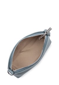 Custodia blu in pelle con zip, dal texture liscia, con fodera interna beige. La cerniera è di tonalità argento e ha una forma arrotondata.